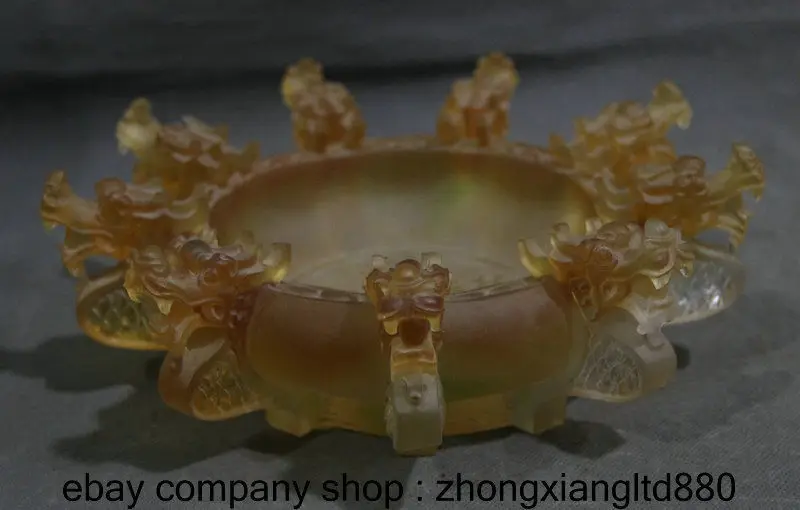 9.2 &quotКитай Желтая Глазурь Резьба Девять Голова Дракона Статуя Пепельница Сосуд |