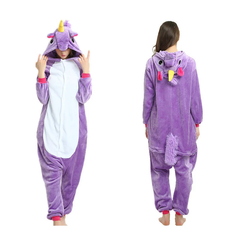 purple unicorn tenma Зимние пижамы унисекс для взрослых с милыми животными; комплекты одежды для сна с героями мультфильмов; женские пижамы; теплая Фланелевая пижама с единорогом и единорогом - Цвет: purple unicorn tenma