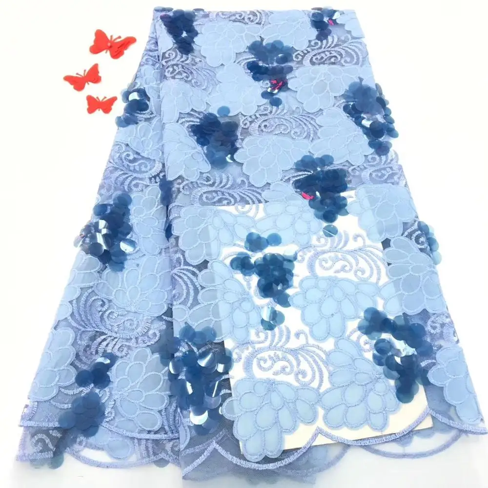 

embroidery lace fabric with sequins beautiful blue african french sequins lace fabric for party dress TS7886