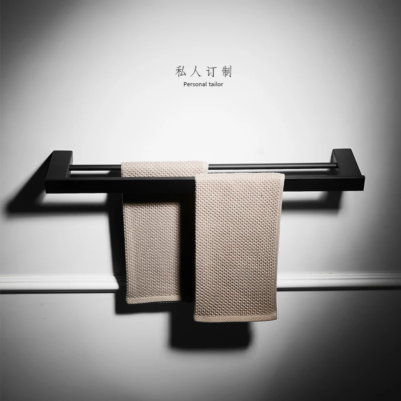 Nordic Towel rack stainless steel bathroom glass shelf paper box Black Matte toilet bathroom hardware accessories set - Color: double towel bar