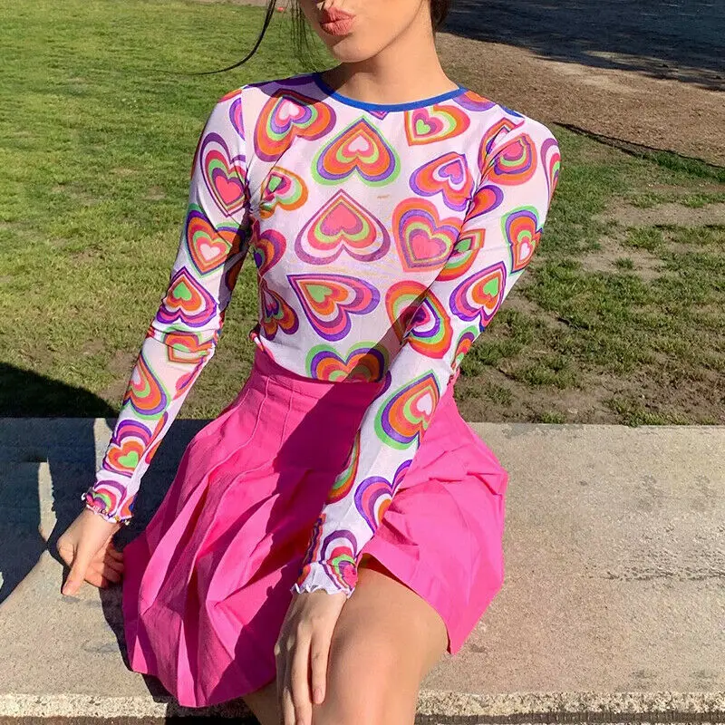 Новинка 2019 весна лето женская блузка Сексуальная В Форме Сердца Печать сетка