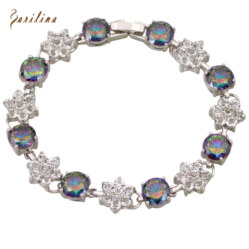 

Wedding & Engagement Round Rainbow Mystic White Cubic Zirconia Silver Color Bracelets & Bangles For Women 18cm 7.09 Inch B425