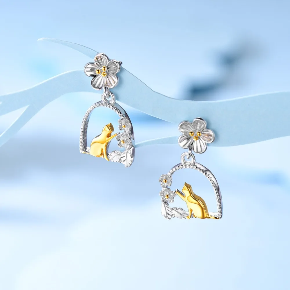 U7 Real 925 Sterling Silver Creative Animal Jewelry Cat/ Bird sit in the Garden Drop Earrings for Women Girl Brincos Femme SC279 | Украшения