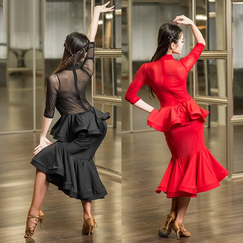 Красное платье для латинских танцев с бахромой женское латиноамериканских