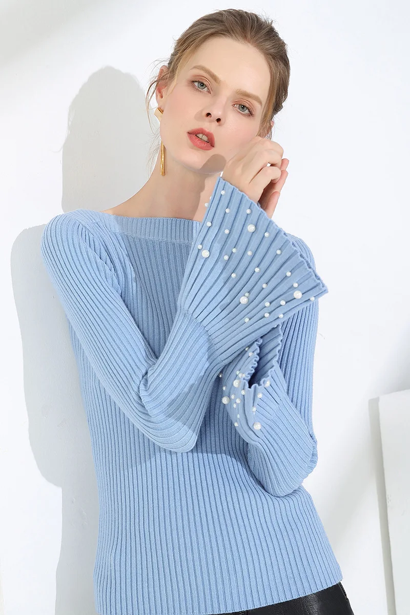 2018 New Winter Autumn Women Pullover Knitted Sweaters Flare Sleeve Slash NecK Pullovers Knitwear Bottom Slim Beading sweater | Женская