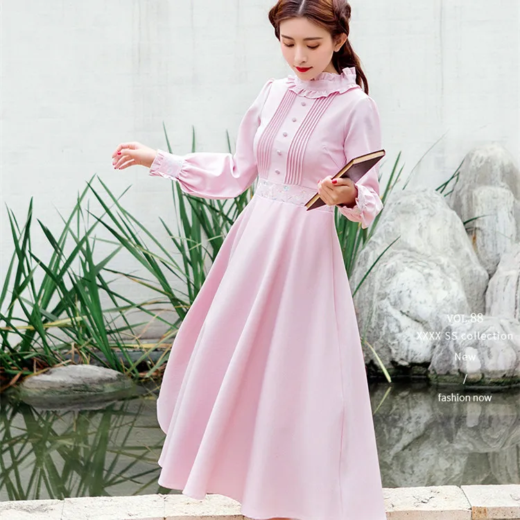 

Spring/autumn Long Sleeve Dress Sweet Princess Elegant Ruffled French Audrey Hepburn Vintage Mid-length Women's Party Dress