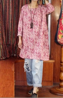 Акция Топы Плюс Размер винтажная хлопковая Свободная рубашка с v-образным