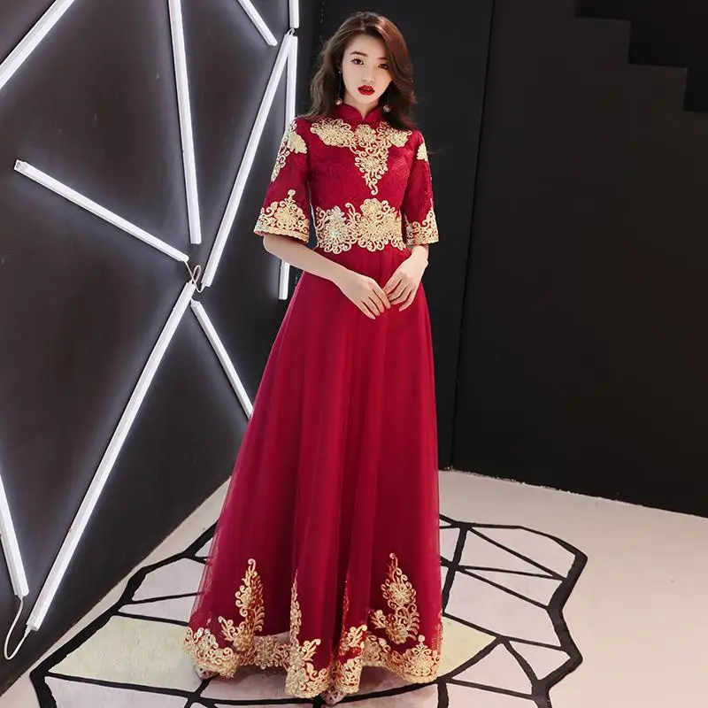 Китайский винтажный Красный в пол Cheongsam женский традиционный вышивка цветок Qipao невесты свадебное вечернее платье - Цвет: Style 1