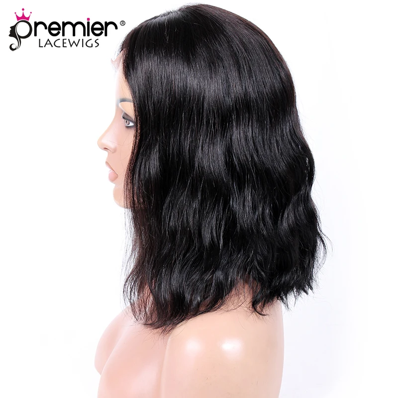 PREMIER Lace Front Wigs Short Wavy Bob Black Choppy Style Middle Part Indian Remy Human Hair [CLFW-55] | Шиньоны и парики