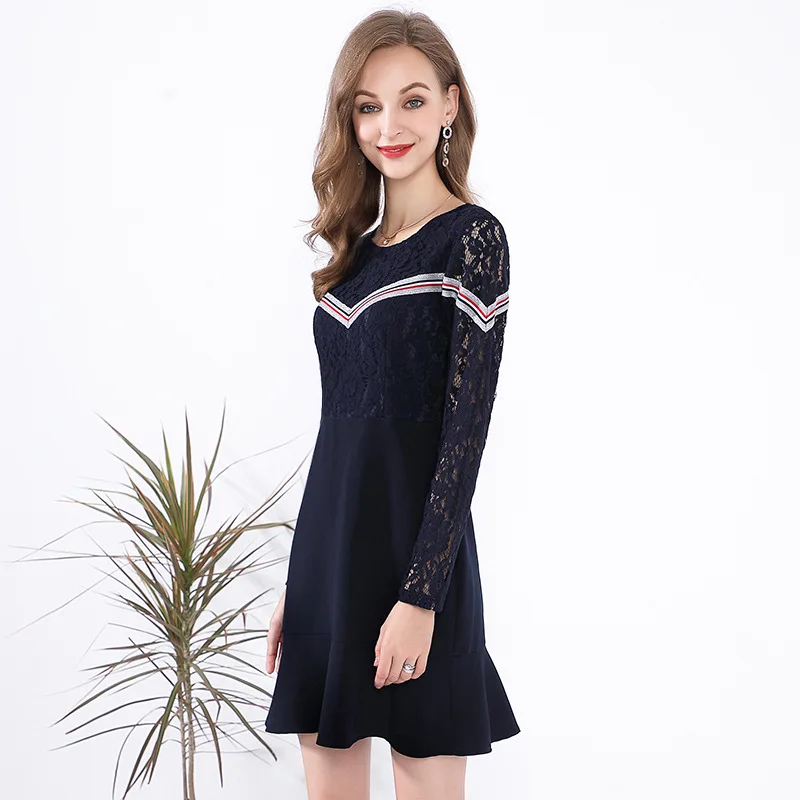 2018 осень зима Женская кружевной лентой сшитые Повседневное плюс Размеры платья