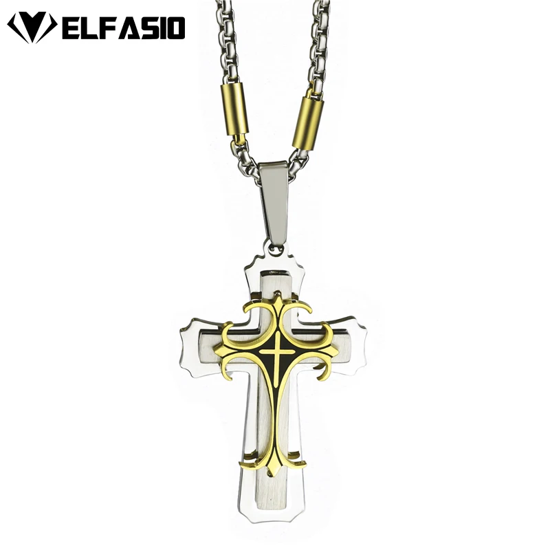 Elfasio цепь из нержавеющей стали 3 слоя рыцарь крест серебро золото черный цвет
