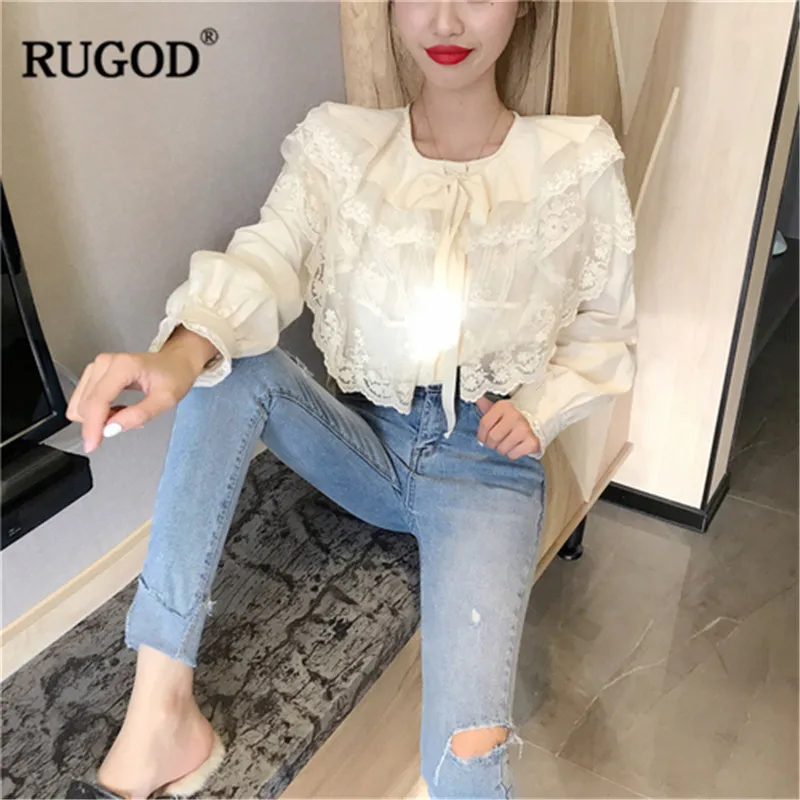 RUGOD/Элегантные женские рубашки с круглым вырезом длинными рукавами и кружевными