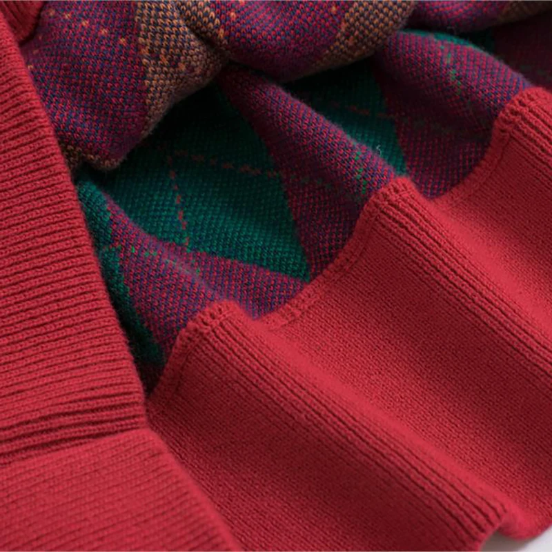 High Quality Women's Pullover Sweater Diamond Plaid Green Rainbow Half Sleeve Ladies New Spring Loose Knit | Женская одежда