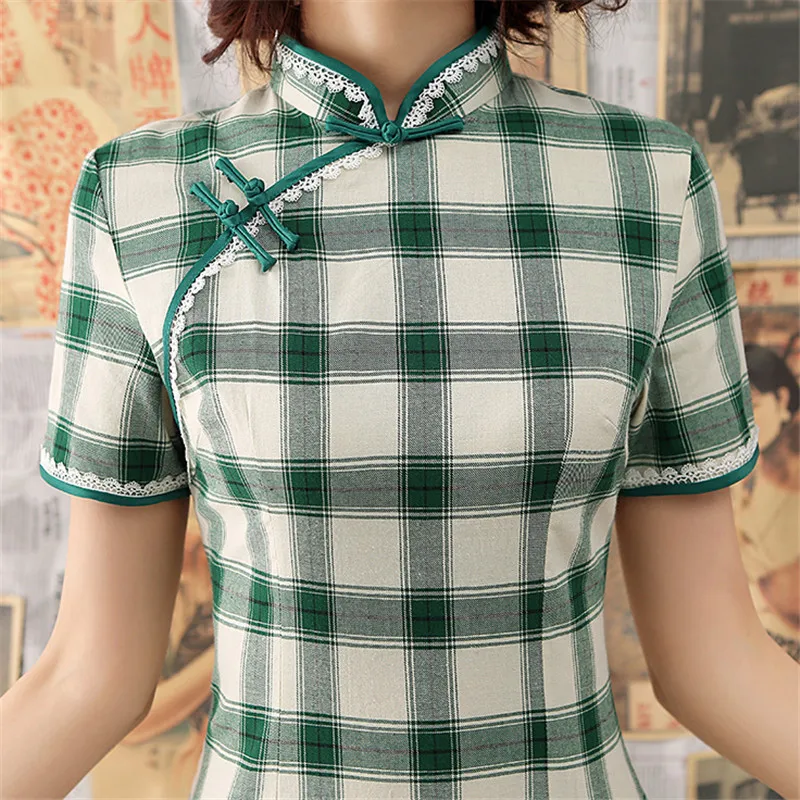 

Summer Plaid Cheongsams Dress Women Sexy Slim Cotton Qipao Midi Dresses vestidos Art Student Girl Traditional Chinese clothing