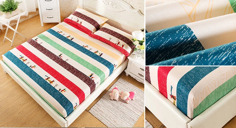 Хлопок современные Queen Size спальня простыня мультфильм животных, красочные полосатый рисунок эластичный приспособленный лист наматрасник