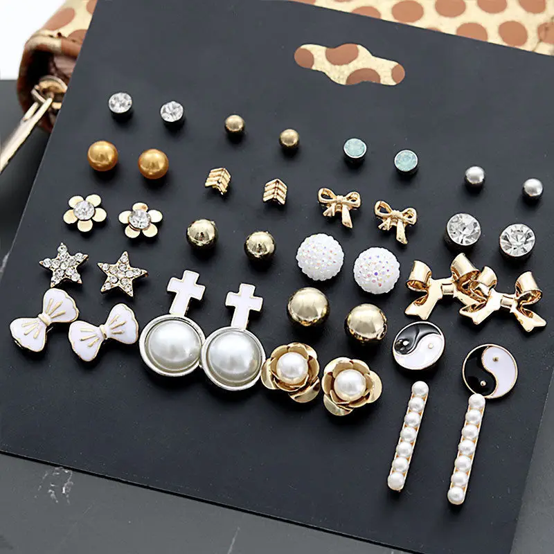 20Pairs/Pack Korea Trendy Simulated-pearl Stud Earrings Set For Women Cute Crystal Heart Enamel Bowknot Pendenties | Украшения и