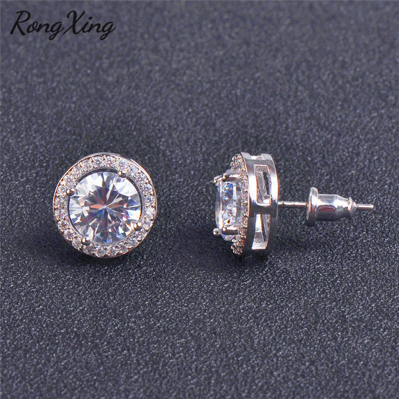 RongXing серебряные белые циркониевые круглые серьги гвоздики для женщин Свадебные