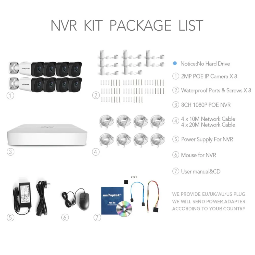 Ultra 265 8CH 1080P POE NVR Kit Система видеонаблюдения 8x2MP IP камера наружная 200M Дистанционная