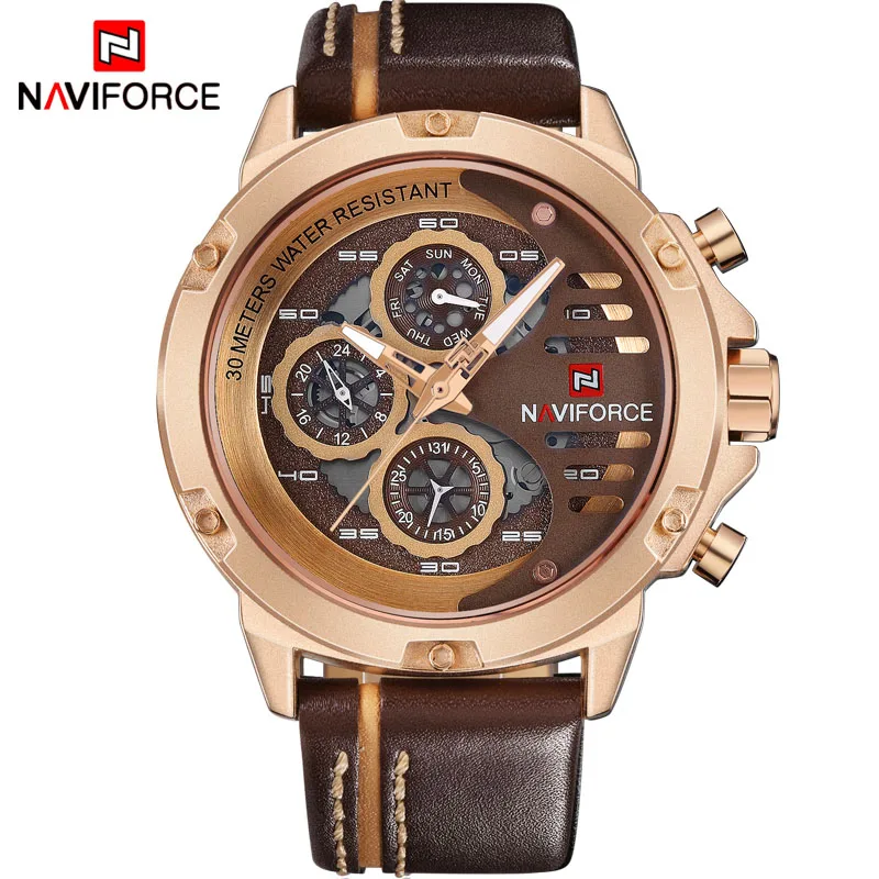 Gold Brown NAVIFORCE люксовый бренд мужские спортивные часы мужские кожаные Кварцевые водонепроницаемые часы с датой мужские военные наручные часы relogio masculino - Цвет: Gold Brown