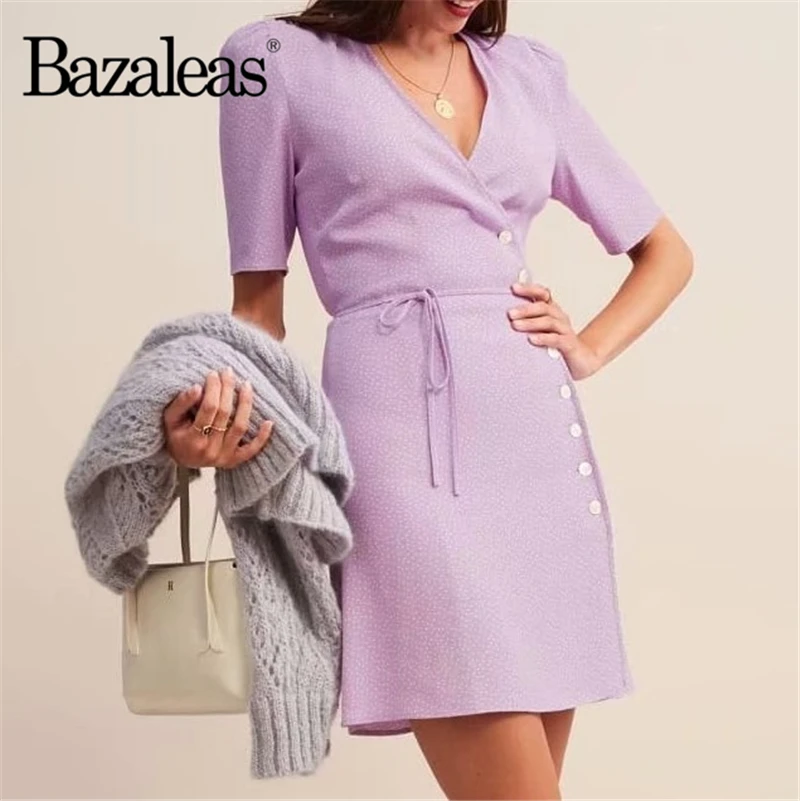 Женское винтажное мини платье Bazaleas фиолетовое в горошек с завязками по бокам