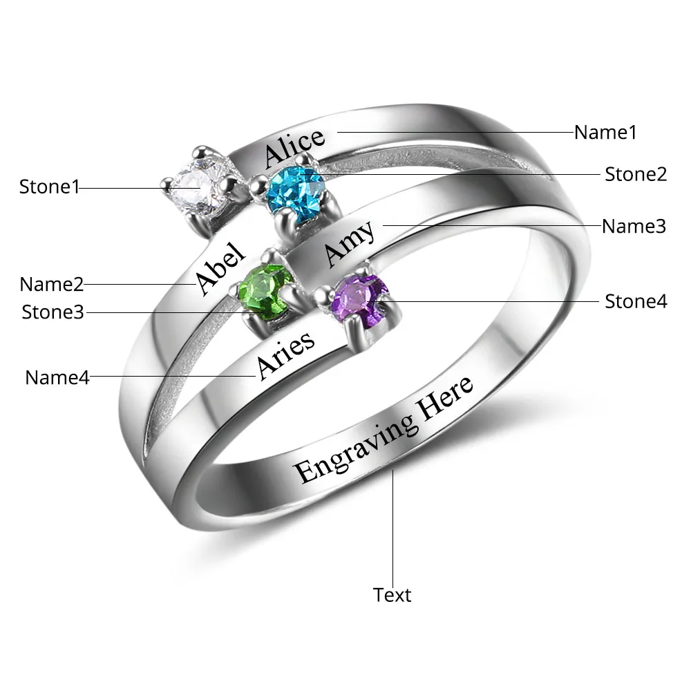 

Amxiu Custom Any Size Name Ring Personalized Stainless Steel Ring Engrave Four Names with Birthstones Rings For Women Gift