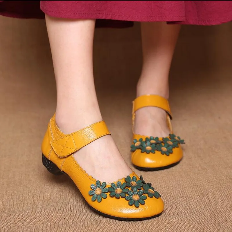 RUSHIMAN 2021 Spring New Handmade Genuine Leather Single Shoes Soft Casual  Yellow Shoes Women Flats Mother Shoes Size 35-40
