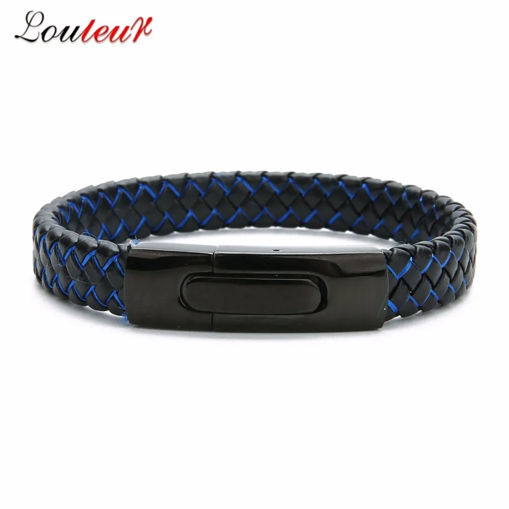 LOULEUR Fashion Men Jewelry Braid Black Red Genuine Leather Bracelet Stainless Steel Magnetic Buckle Punk Bangles Male | Украшения и