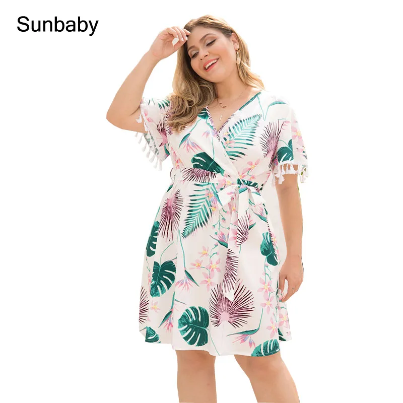 

SUNbaby maternity dresses Large cross V collar lacing waist fringe short sleeves printed dress dress women summer Q0603