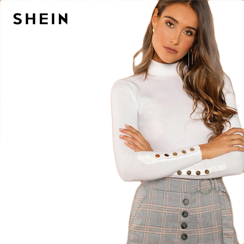 SHEIN Облегающий Топ С Длинным Рукавом, Однотонная Водолазка С Декоративными Пуговицами