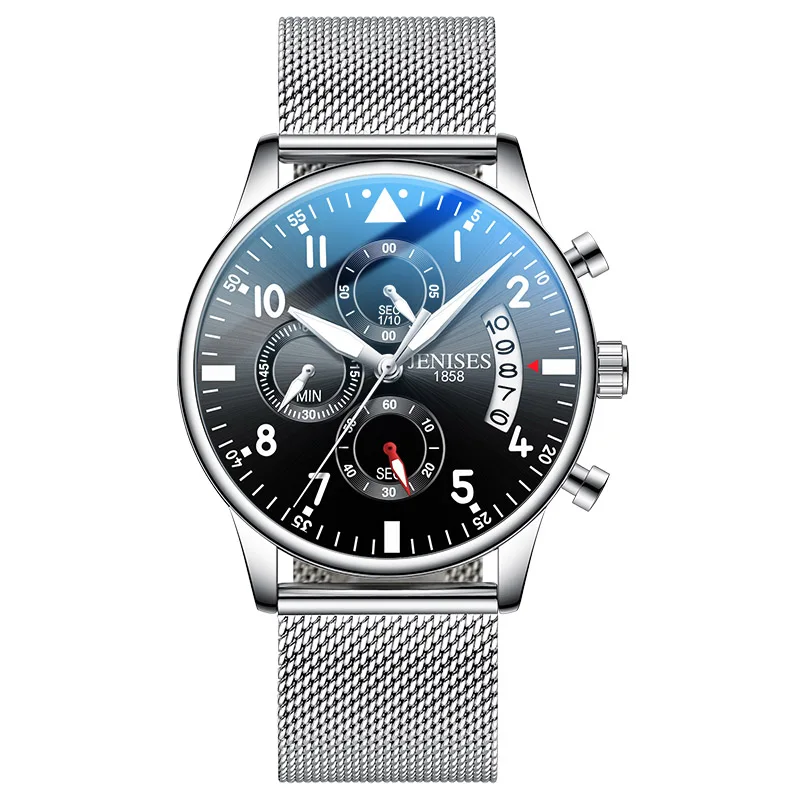 silver black mesh Мужские наручные часы люксовый бренд Мужские часы Бизнес Классические кварцевые спортивные часы с хронографом для мужчин Relogio Masculino - Цвет: silver black mesh
