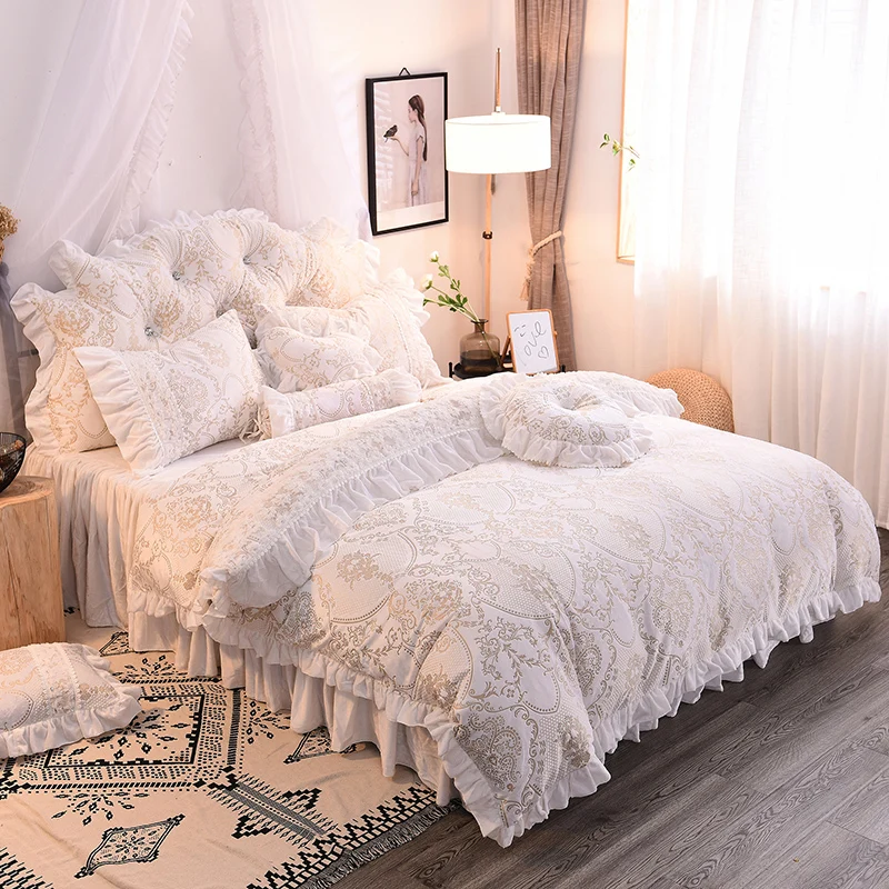 Роскошный белый, розовый, фиолетовый, зеленый зимний плотный флисовый комплект постельного белья принцессы, кружевной жаккардовый пододеяльник, кровать, юбка, наволочки