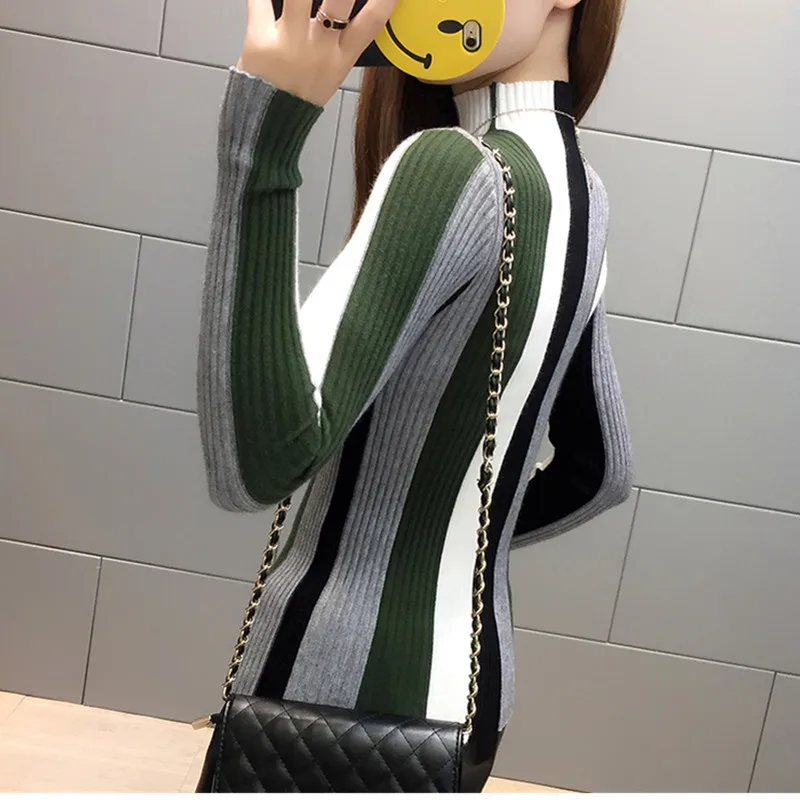 Striped Sweater Contrast Color Women Knit Pullovers 2019 Autumn Long-sleeved Knitwear Ladies Turtleneck Casual Tops W342 | Женская
