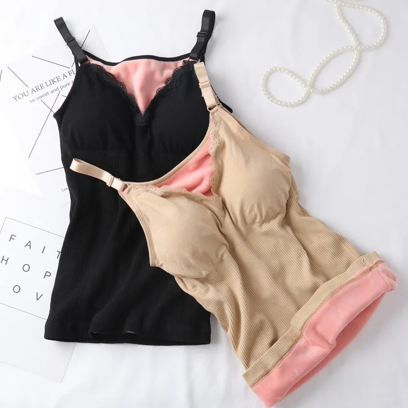 

Women Velvet Lace Thermal Underwear Vest Thick V Neck Padded Cup Female Pink Second Thermal Slim Winter Warm Pajamas Tank Tops