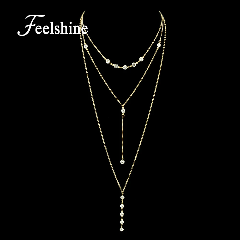 Feelshine BOHO Ювелирных изделий Цвет серебро длинные нескольких слоев цепи с горный