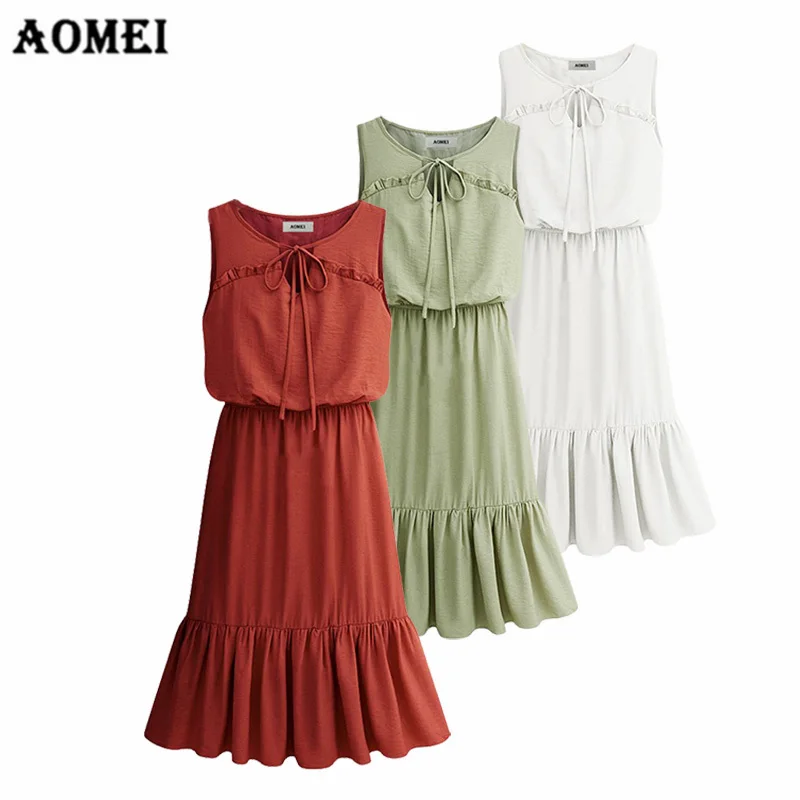 Dress Summer Girls for Women New Peplum Casual Dresses Fashion Lace Up Elastic Waist Femme Tank Elegant Robes Tunics Gowns | Женская