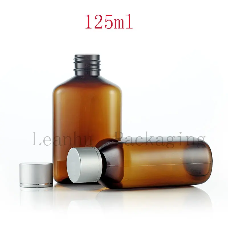 Brown Packaging Silver Aluminum Screw Cap Bottle, 125CC Refillable Shampoo, Astringent Toner Container, Empty Plastic Lotion Bottle