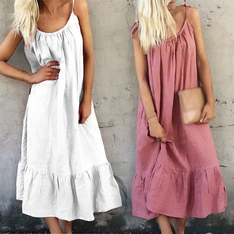 Женское платье вечерние летние повседневные модные пляжные однотонные бохо