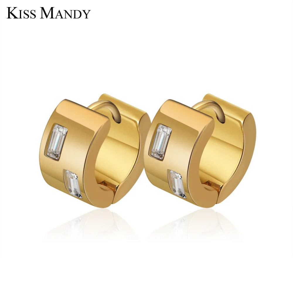 Женские квадратные серьги кольца с цирконом KISS MANDY золотистые гипоаллергенные