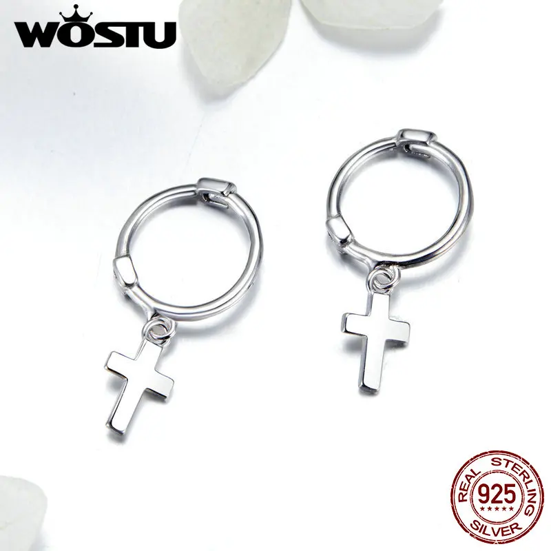 WOSTU настоящие 925 пробы серебряные серьги-капли с крестиком для женщин модные Висячие серьги для свадьбы, ювелирные изделия для помолвки FIE547