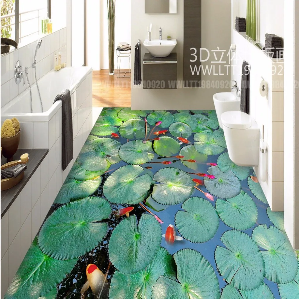 

Free Shipping 3D custom lotus fish floor mural bathroom kitchen office lobby non-slip self-adhesive flooring wallpaper mural