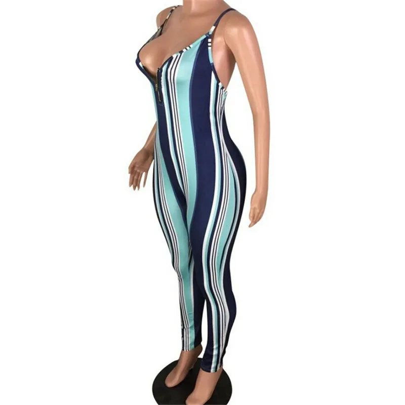 Женский комбинезон в полоску с глубоким v образным вырезом на молнии весну