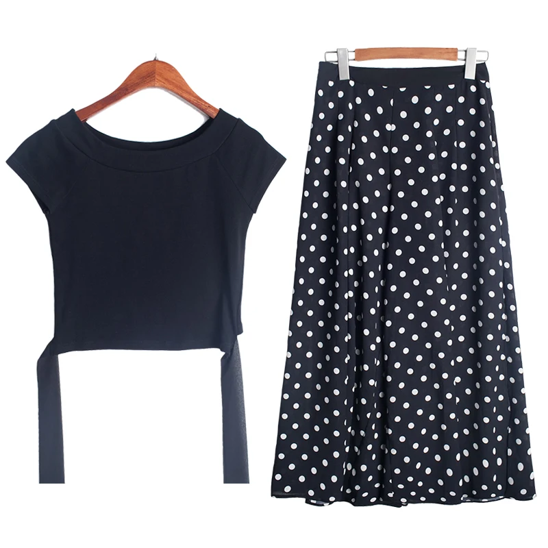 

new fashion suits summer black crop top & high waist wide-legged pants two-piece women wave point dolka print loose trousers
