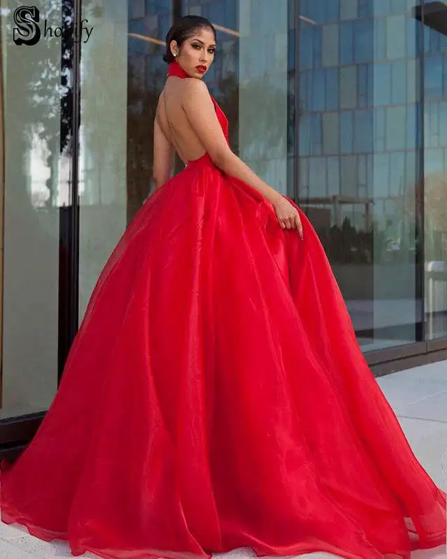 

Long Red Prom Dresses 2020 Halter A-line Sexy Backless African Puffy Bottom Organza Satin Elegant New Arrival Prom Dress