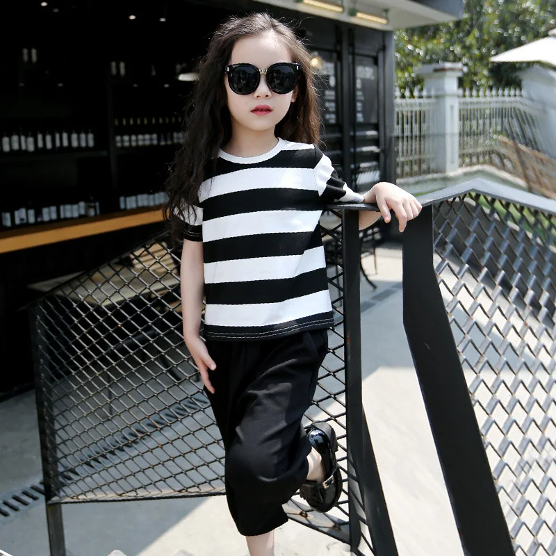 

2018 Summer Girls Clothing Sets Short-Sleeved T-Shirt Shorts Girls Kids Suits Sport O-Neck Pocket Outfit Striped 7-15T
