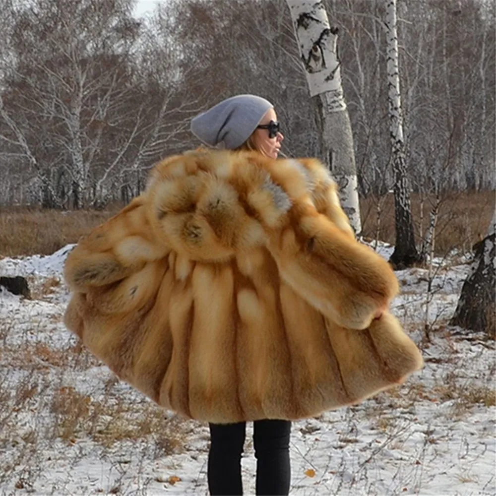TOPFUR Роскошная модная шуба из натурального Лисьего меха женская куртка из натурального меха Золотой лисы с капюшоном Толстая настоящая русская Шуба в полоску