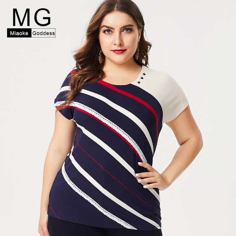 2019 лето новый большой размер женщин с короткими рукавами в полоску тонкая стрейч