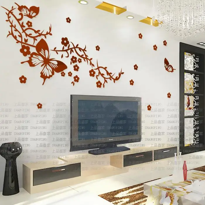Acrylic flower vine 3d wall stickers Plum flower Butterfly TV background wall decoration Home DIY art wall decor stickers