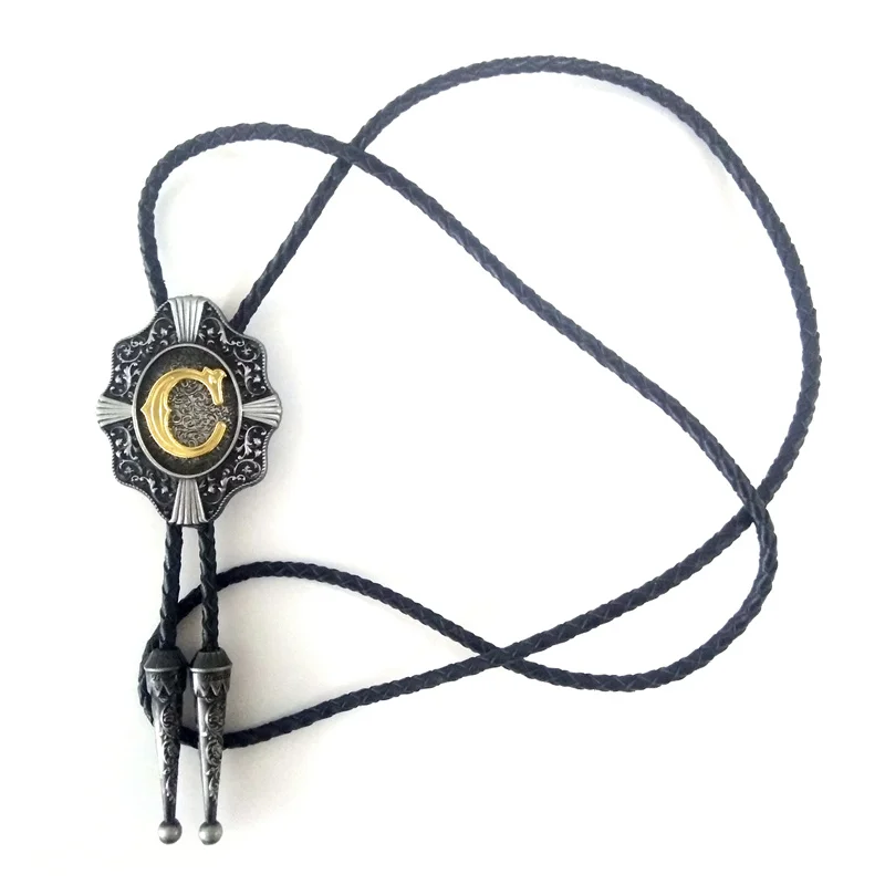 5 pcs wholesale Vintage Western cowboy bolo tie for men Black leather chain metal buckle With Gold Letter &quotC&quot custom ties |