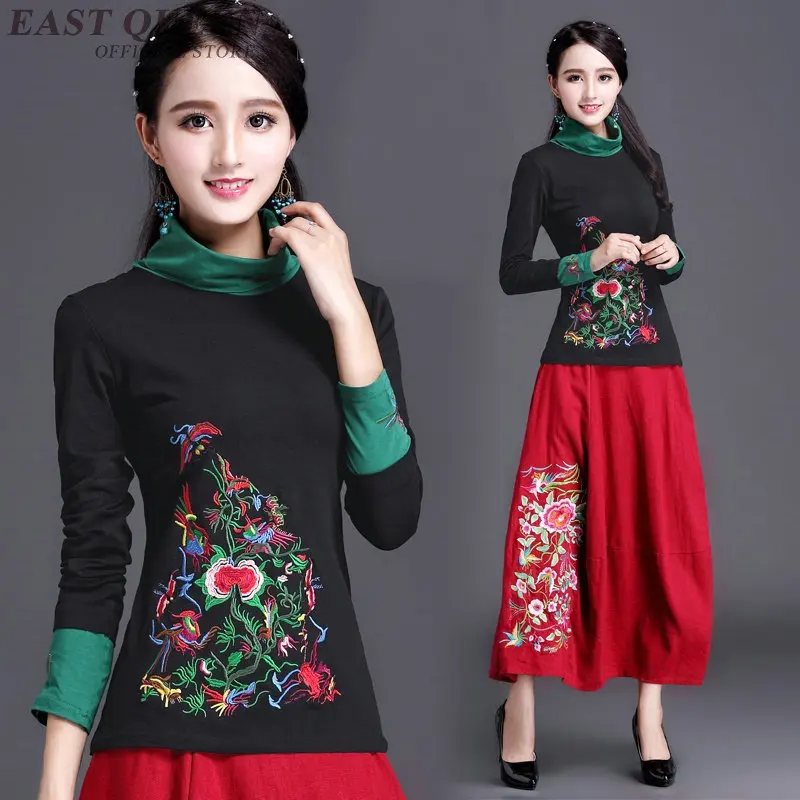 

Chinese women traditional vintage suits in spring full sleeve embroidered elegant tops and loose elegant skirts sets AA3179 F