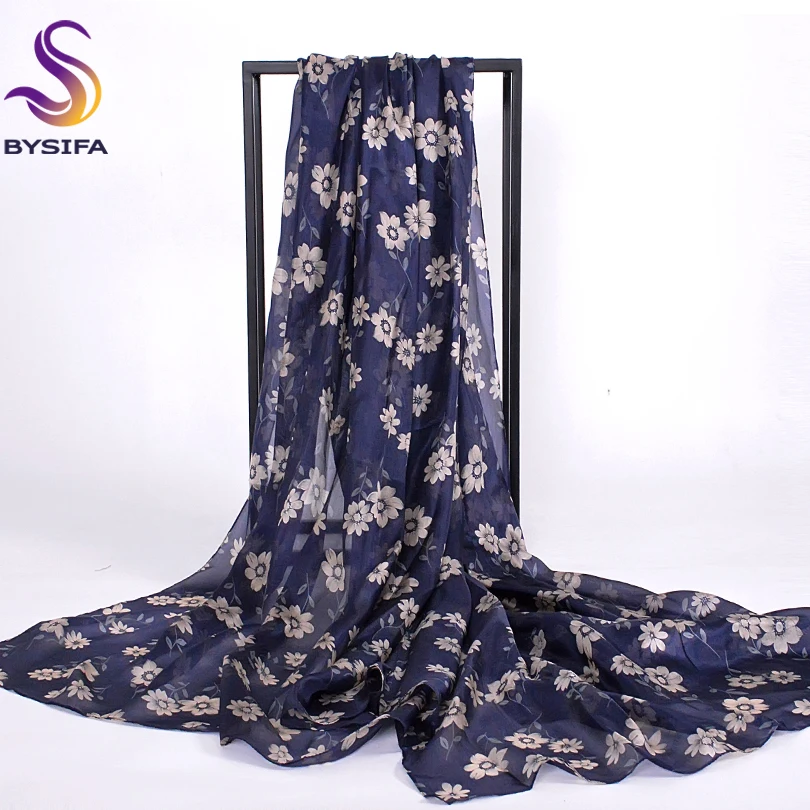 

[BYSIFA] Winter Navy Blue Ladies Silk Scarves Shawl New Design Daisy Long Scarves Wraps 200*110cm Large Size Summer Beach Cape